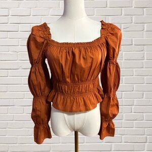 100% Cotton Rust Smocked Peplum Romantic Milkmaid Puff Sleeve Blouse Top M